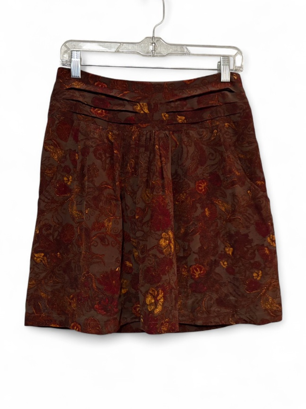 Peruvian Connection Brown Floral Mini Skirt with Red and Gold Accents